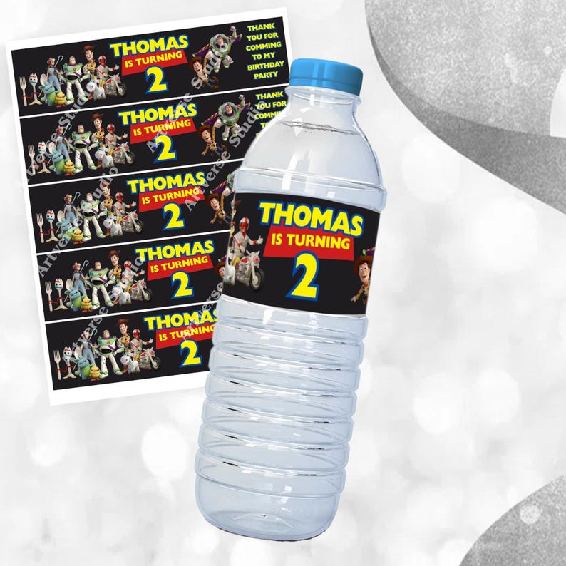 Cheerful Toy Story Birthday Bottle label Mockup Label on the starry floor Includes Stars Motifs featuring Toy Story Characters Perfect for Kids Party. Editable Canva Temple.