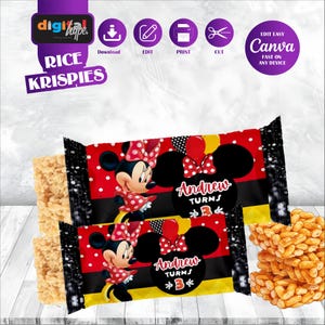 May include: Two Rice Krispies treats with custom wrappers featuring Minnie Mouse. The wrappers are red with white polka dots, black, and yellow stripes. The wrappers say "Andrew Turns 3" with a Minnie Mouse graphic.