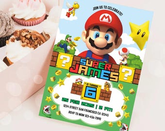 Invitación de cumpleaños de Super Mario, invitación para fiesta de Mario Bros, invitación para el sexto cumpleaños de un niño, invitación para fiesta de Super Mario, invitación para videojuego, invitación de Mario Luigi SM1