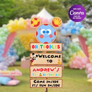 Cheerful Mickey Birthday Welcome Sign Includes Mickey, Minnie, Donald and daisiy duck Mockup on the floor glitter on the floor and colorful balloon in the background featuring Mickey Mouse Characters Perfect for Kids Party. Editable Canva Temple.