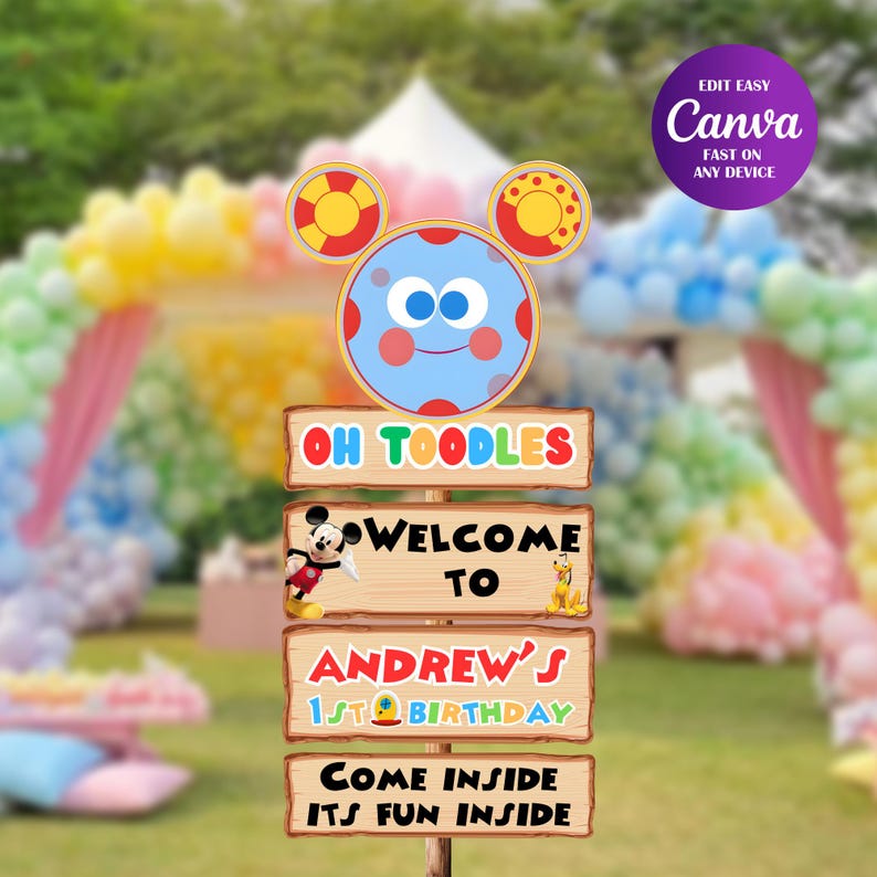 Cheerful Mickey Birthday Welcome Sign Includes Mickey, Minnie, Donald and daisiy duck Mockup on the floor glitter on the floor and colorful balloon in the background featuring Mickey Mouse Characters Perfect for Kids Party. Editable Canva Temple.