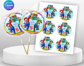 Mario Bros Birthday Lollipop Label Mario theme Party Super Mario Invite Boy 8th Birthday Mario Party Favors Peach Birthday Mario luigi SM7