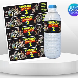 Cheerful Toy Story Birthday Bottle label Mockup round white tray on the table and label on the tray Includes Stars Motifs featuring Toy Story Characters Perfect for Kids Party. Editable Canva Temple.