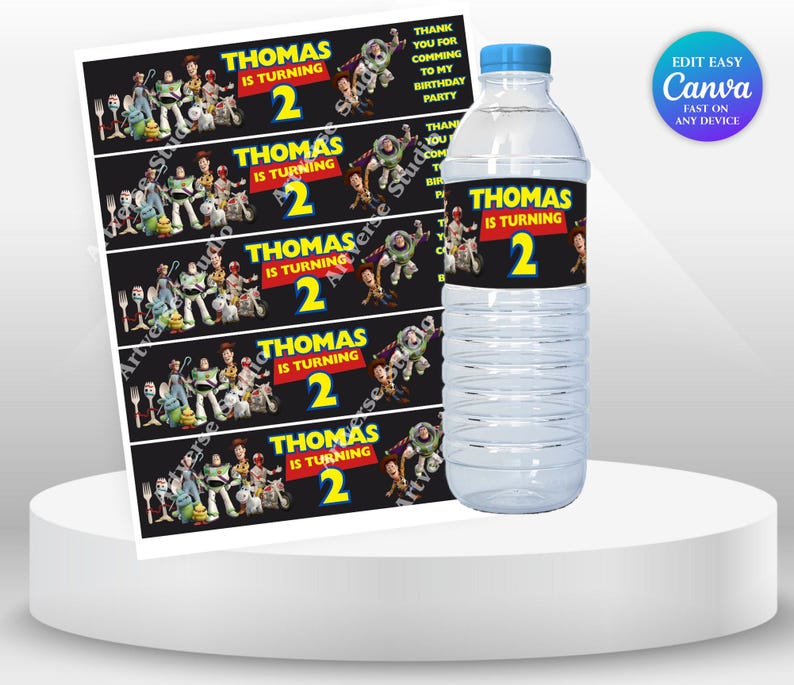 Cheerful Toy Story Birthday Bottle label Mockup round white tray on the table and label on the tray Includes Stars Motifs featuring Toy Story Characters Perfect for Kids Party. Editable Canva Temple.