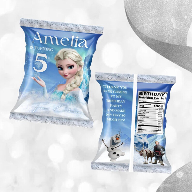 Cheerful Frozen Birthday Chip Bag Mockup Label on the starry floor Frozen featuring Frozen Characters Perfect for Kids Party. Editable Canva Temple.