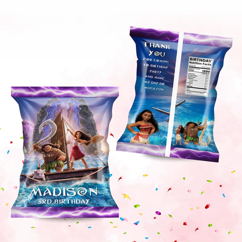 Cheerful Moana Birthday Label Chip Bag Mockup Label on the white and pink Starry Background Includes Clouds and Flowers Motifs featuring Moana Characters Perfect for Kids Party. Editable Canva Temple.
