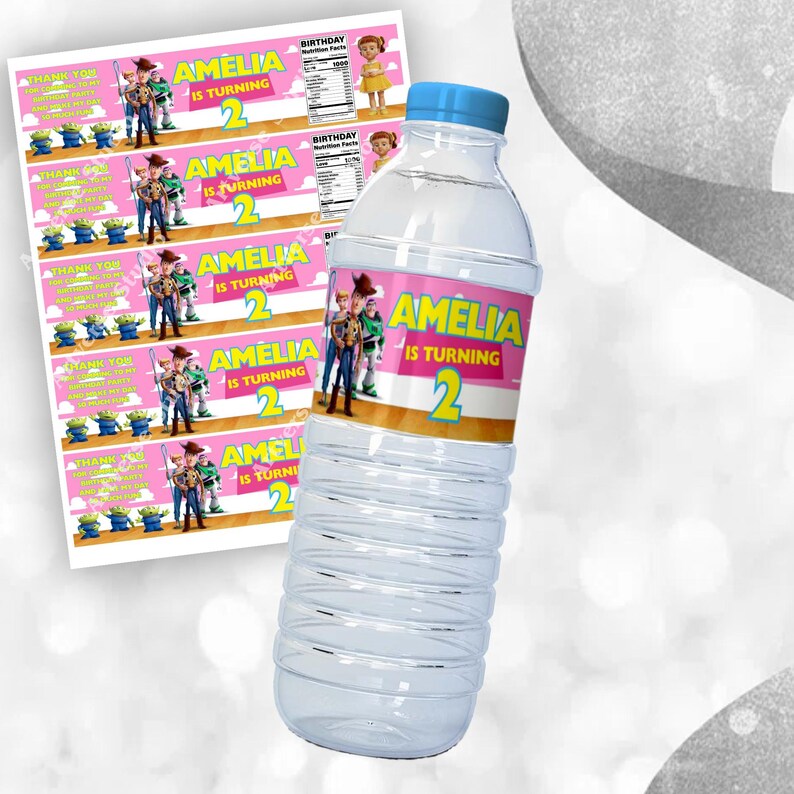 Cheerful Toy Story Birthday Bottle label Mockup Label on the starry floor Includes Clouds Motifs featuring Toy Story Characters Perfect for Kids Party. Editable Canva Temple.