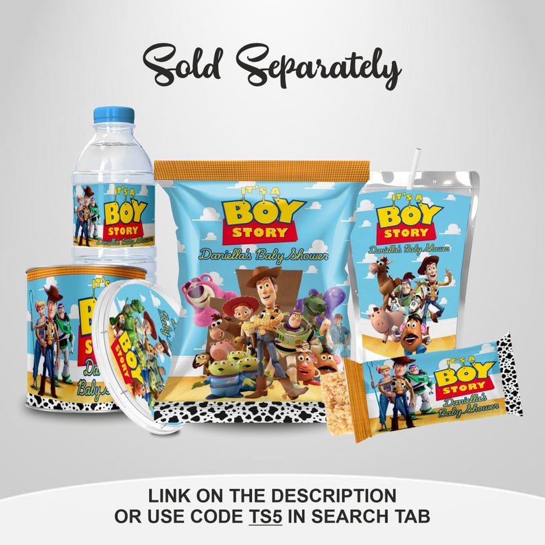 Cheerful Its a boy Baby Shower Toy Story Bottle label, bundle Includes Capri sun, Chip Bag, Pringle Chips, Rice Krispies, Water Bottle Includes Clouds Motifs featuring Toy Story Characters Perfect for Kids Party. Editable Canva Temple.
