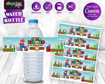 Etiqueta para botella de agua para fiesta de Mario Bros. Fiesta temática de Mario. Invitación de Super Mario para niño. 4.º cumpleaños. Recuerdo de fiesta de Mario. Cumpleaños de Peach. Mario Luigi SM01