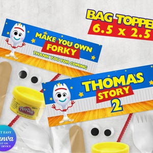 May include: Two bag toppers with the text "MAKE YOU OWN FORKY" and "THOMAS STORY 2". The bag toppers are blue and yellow with a cartoon fork character. The image also includes Play-Doh, googly eyes, and plastic forks.
