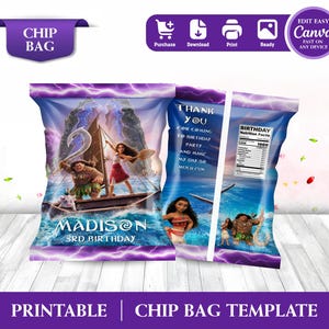 Cheerful Moana Birthday Label Chip Bag Mockup invite on the wooden table Includes Clouds and Flowers Motifs featuring Moana Characters Perfect for Kids Party. Editable Canva Temple.