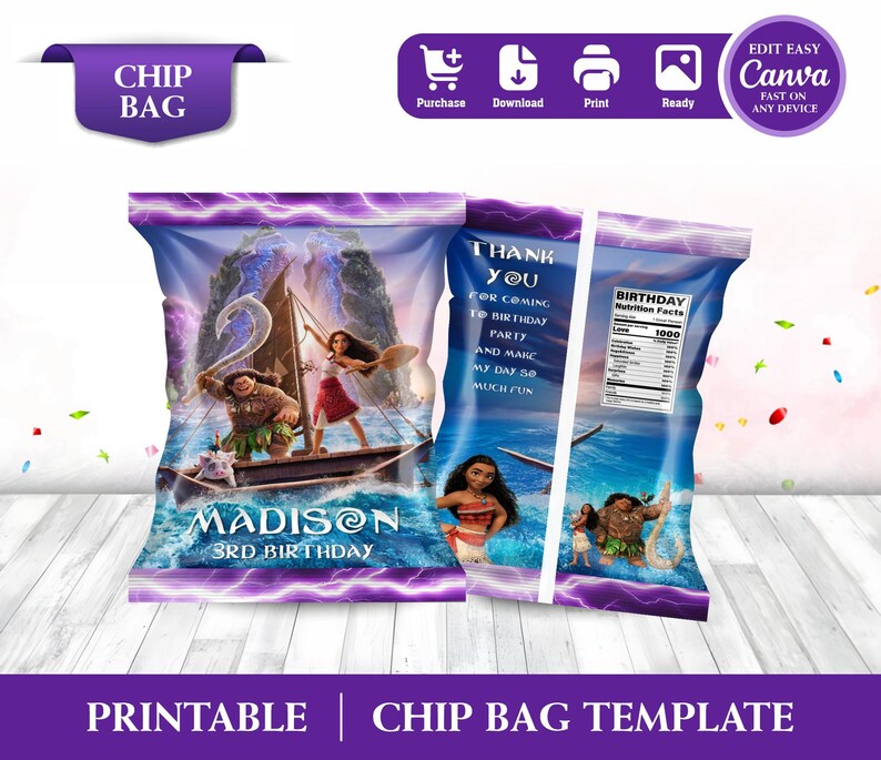 Cheerful Moana Birthday Label Chip Bag Mockup invite on the wooden table Includes Clouds and Flowers Motifs featuring Moana Characters Perfect for Kids Party. Editable Canva Temple.