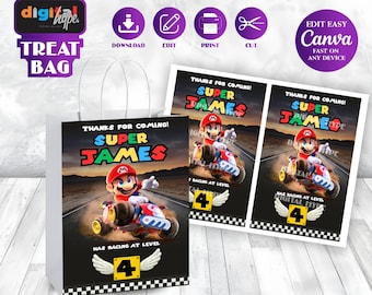 Etiqueta para bolsa de regalo de cumpleaños de Mario Bros. Fiesta temática de Mario Invitación de Super Mario Niño 4.º cumpleaños Recuerdos de fiesta de Mario Cumpleaños de Peach Mario Luigi SM02
