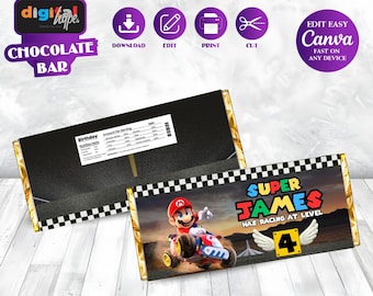 Super Mario Chocolate Bar Wrapper, Editable Birthday Party Favor (Digital Download)