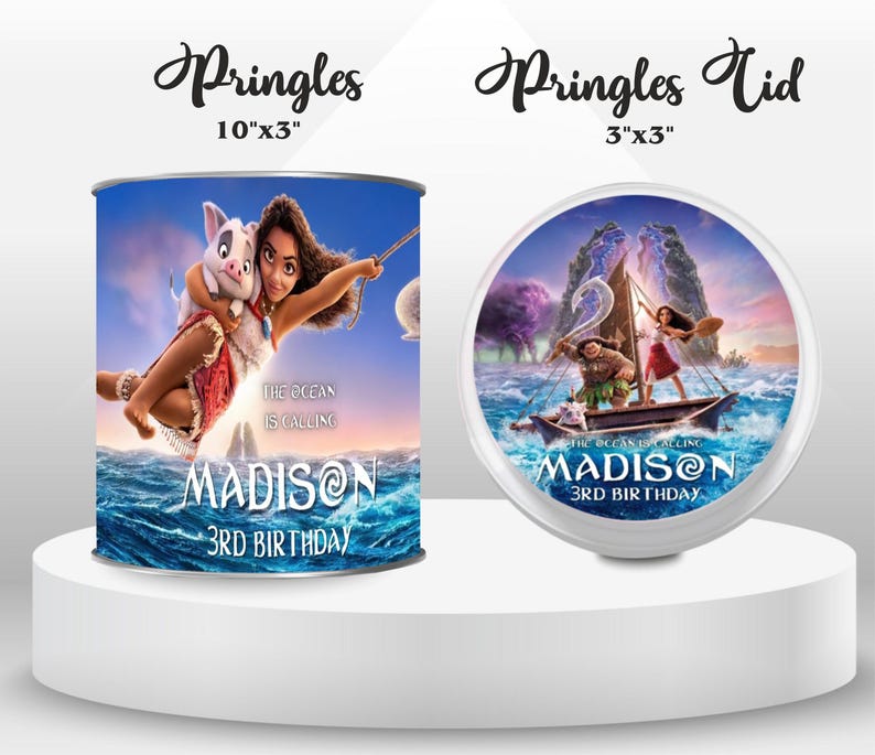 Cheerful Moana Birthday Mega Bundle Mockup Pringle Lid and Pringles on the round white table Includes Clouds and Flowers Motifs featuring Moana Characters Perfect for Kids Party. Editable Canva Temple.