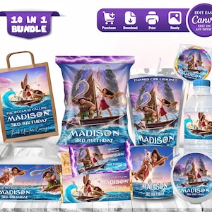 Cheerful Moana Birthday Mega Bundle Includes Capri sun, Chip Bag, Pringle Lid, Pringle Chips, Rice Krispies, Water Bottle, Treat Bag, Lollipop, Chocolate Bar, Gable Box Mockup favor on the wooden table Includes Clouds and Flowers Motifs featuring Moana Characters Perfect for Kids Party. Editable Canva Temple.