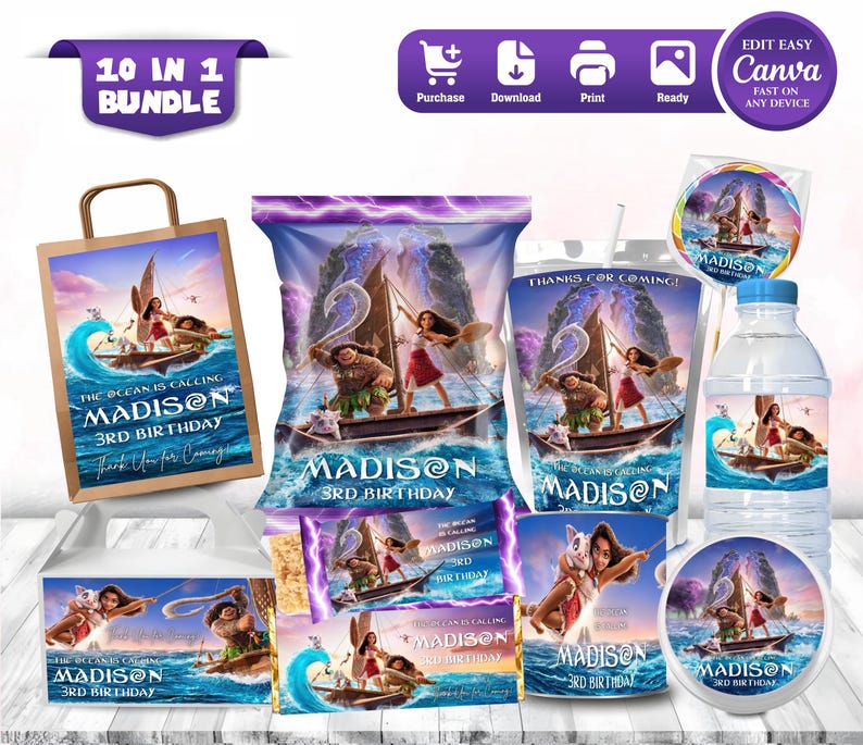 Cheerful Moana Birthday Mega Bundle Includes Capri sun, Chip Bag, Pringle Lid, Pringle Chips, Rice Krispies, Water Bottle, Treat Bag, Lollipop, Chocolate Bar, Gable Box Mockup favor on the wooden table Includes Clouds and Flowers Motifs featuring Moana Characters Perfect for Kids Party. Editable Canva Temple.