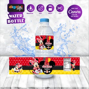 May include: A clear water bottle with a blue cap and a custom label featuring Minnie Mouse. The label has a red background with white polka dots, a black and yellow stripe, and the text "Andrew Turns 3".