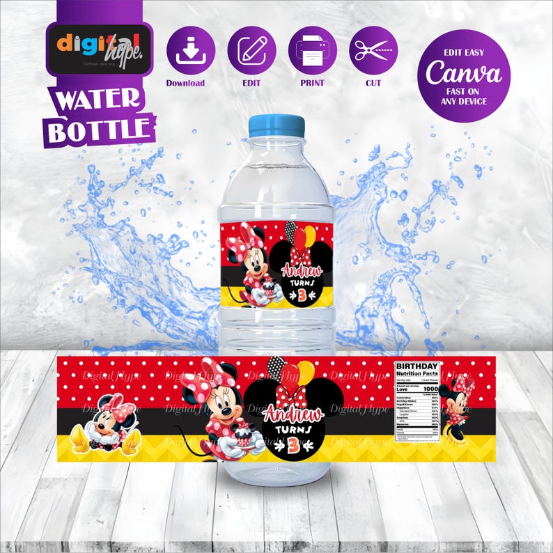 Cheerful Minnie Birthday bottle label Mockup invite on the wooden table Includes Balloons, Grass Motifs featuring Mickey Clubhouse Characters Perfect for Kids Party. Editable Canva Temple.