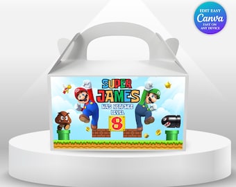 Etiqueta de caja Gable para cumpleaños de Mario Bros. Fiesta temática de Mario. Invitación de Super Mario para niño. Octavo cumpleaños. Recuerdos de fiesta de Mario. Cumpleaños de Peach. Mario Luigi SM7