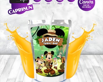 Etiquetas Caprisun de Mickey Safari, temática de Minnie Mouse, recuerdos de cumpleaños imprimibles, regalo de Daisy Duck, Oh Twodles, decoración de fiesta, recuerdo Goofy MK06
