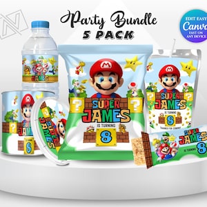 May include: A party bundle featuring a Super Mario theme, including a water bottle, a can, a lid, a bag of chips, a juice box, and a candy bar. The products are decorated with Mario, stars, and the text "Super James is turning 8".