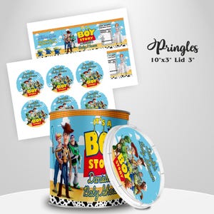 Cheerful It’s a Boy Toy Story Favor bundle Mockup Pringle Chips on the round white table Includes Clouds Motifs featuring Toy Story Characters Perfect for Kids Party. Editable Canva Temple.
