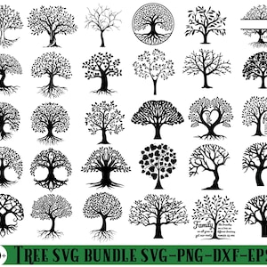 May include: A collection of over 100 black tree SVG designs. The images feature various tree styles, including those with intricate root systems, circular designs, and heart-shaped foliage. The text at the bottom reads "Tree SVG Bundle SVG-PNG-DXF-EPS."