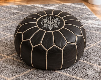 Leather Floor Pouf Ottoman, Moroccan Handmade Footstool, Boho Home Accent