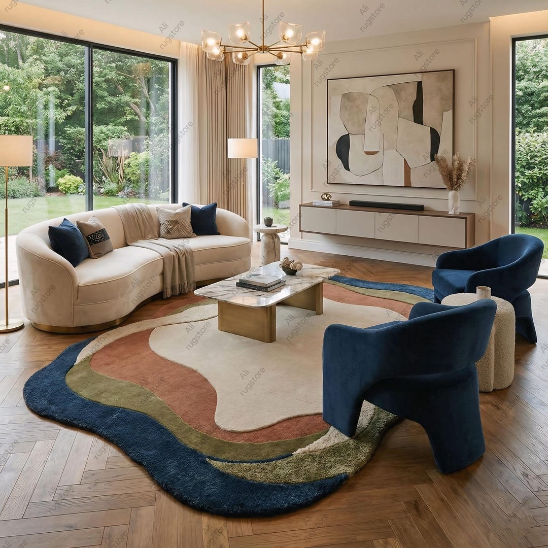 Modern Abstract Hand Tufted Rug, Multicolor Wavy Wool Area Rug ...