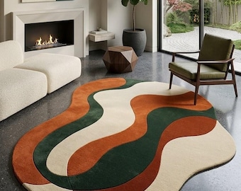 Alfombra con mechones de forma irregular, alfombra de área con ondas abstractas, alfombra moderna verde óxido, alfombra bohemia orgánica, alfombra única para sala de estar de tamaño personalizado