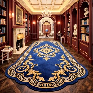 May include: A luxurious library with dark red walls, bookshelves, and a large blue rug. The rug features a gold floral design and a Greek key border. A fireplace, chandelier, and busts add to the room's elegance.