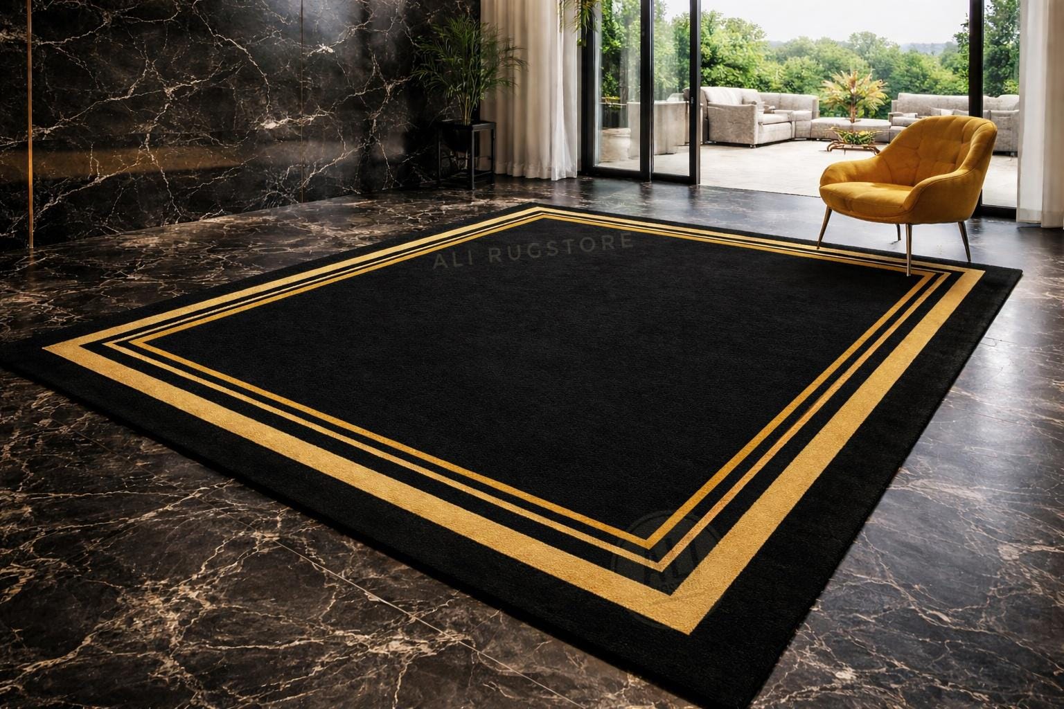 Handmade Luxury Black & Gold Border Rug Modern Minimalist Area Rug ...