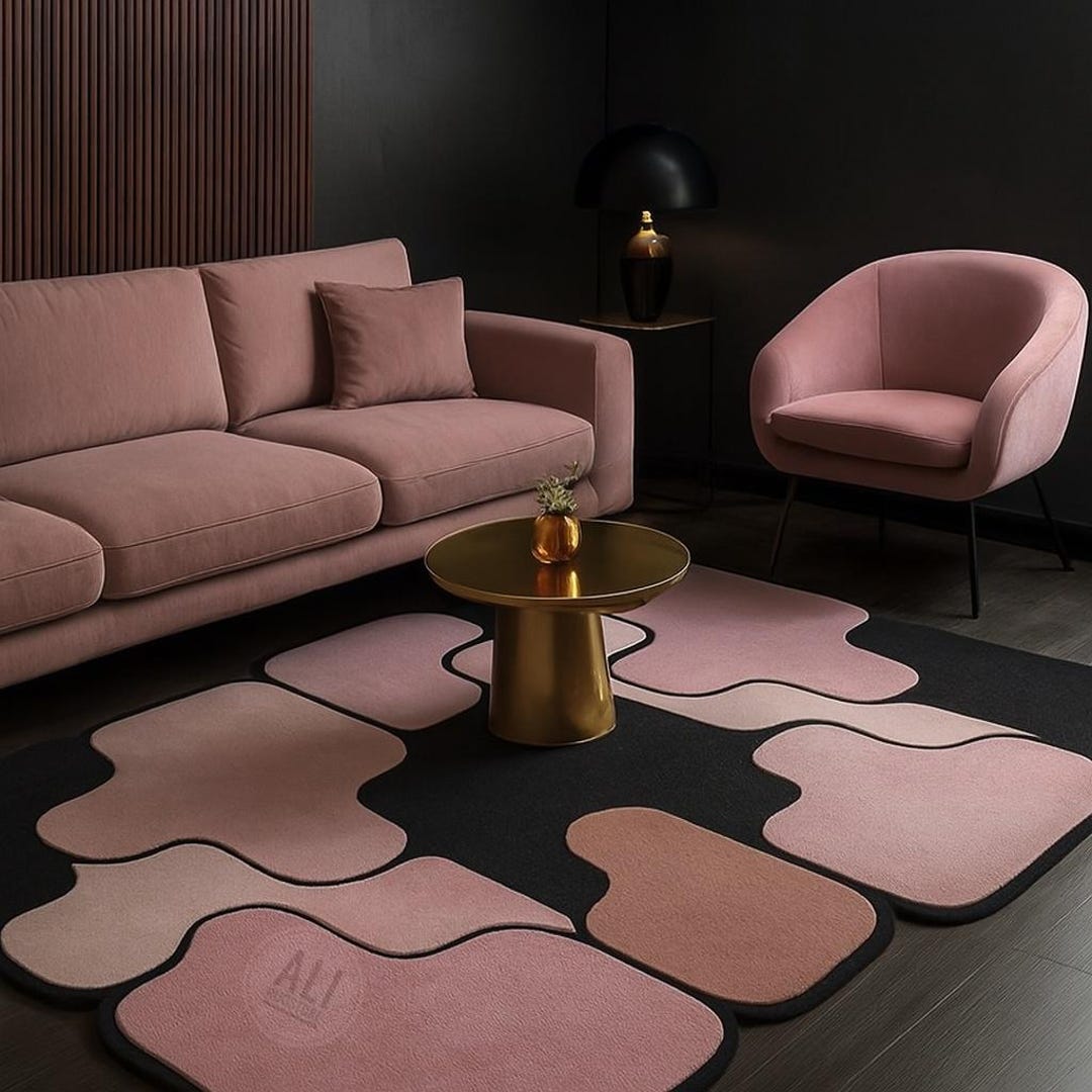 Irregular Pink Abstract Rug | Modern Pastel Carpet for Living Room ...