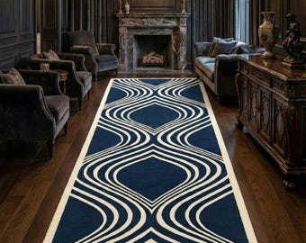 Navy Blue Geometric Runner Rug | Hand-Tufted Wool Hallway Carpet
