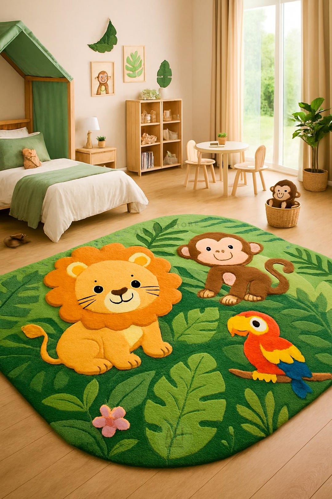 Handmade Kids Jungle Animal Rug, Safari Nursery Round Rug, Lion Monkey ...