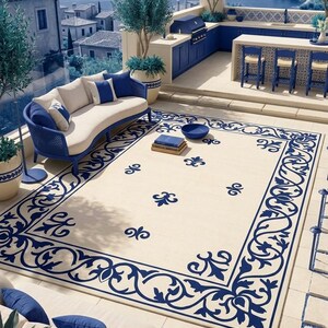 Blue White Outdoor Rug, Mediterranean Tile Pattern Rug, Coastal Patio Rug, Waterproof Area Rug, Balcony Decor Carpet
