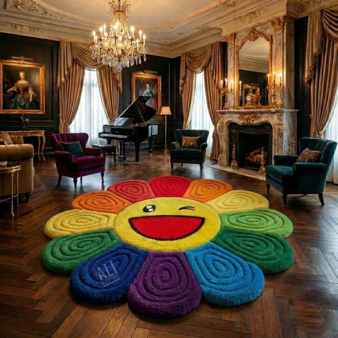 Colorful Face Rug Hand Tufted Colorful Flower Smiley Face Rug – Hand Tufted Wool Area Rug ...