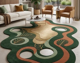 Alfombra con mechones de forma irregular, alfombra botánica abstracta verde, alfombra moderna orgánica, alfombra única y llamativa, alfombra de tamaño personalizado