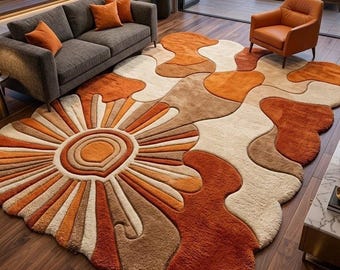 Alfombra con mechones de forma irregular, alfombra abstracta retro con diseño de rayos de sol, alfombra naranja quemada, alfombra moderna de mediados de siglo, alfombra llamativa a medida.