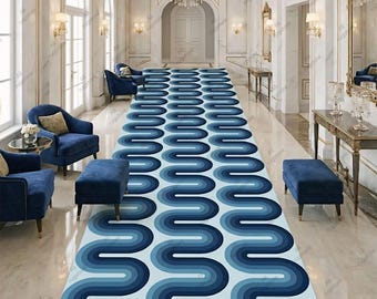 Modern Blue Geometric Runner Rug | Luxury Abstract Wave Pattern Hallway Carpet | Hand Tufted Contemporary Area Rug for Living Room