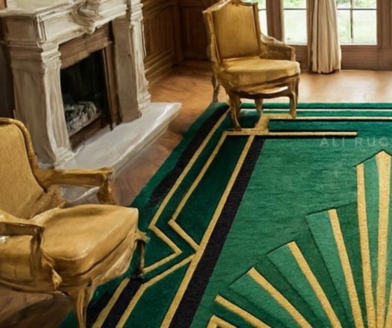 Emerald Green Gold Tufted Rug, Art Deco Handmade Wool Rug, Luxury ...