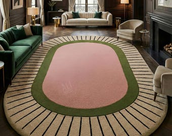 Oval Tufted Rug Pink Green Beige Carpet Artistic Radial Design Luxury Handmade Floor Art For Elegant Interiors Living Room Bedroom Area Rug