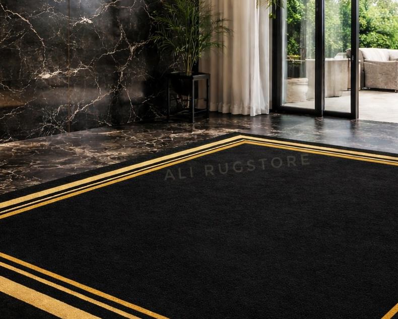Handmade Luxury Black & Gold Border Rug Modern Minimalist Area Rug ...