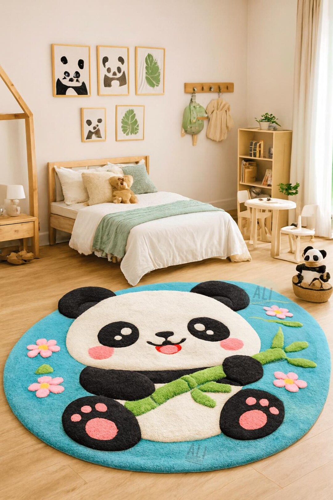 Cute Panda Kids Rug, Round Nursery Panda Rug, Cartoon Animal Baby Room ...