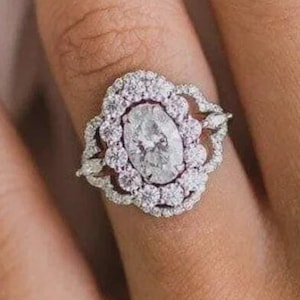 2 CT Oval Cut Colorless Moissanite Double Halo Engagement Ring, Cluster Wedding Oval Art Deco Engagement Ring, 14K Solid Gold Rings Gift