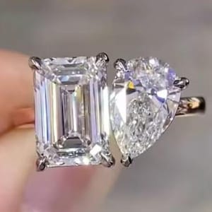 Pear and Emerald Cut Two-Tone Toi et Moi Ring | Moissanite Two-Stone Engagement Ring | Unique Bridal Jewelry | Anniversary Gift for Her