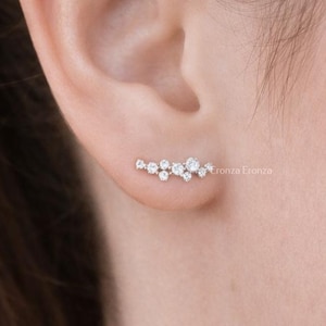 Single Diamond Cluster Ear Climber: 14k Gold Crawler Earring