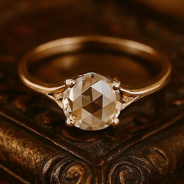 Antique Round Rose Cut Diamond Engagement Ring Low Profile Ring Real Lab Grown Diamond Ring Wedding Ring for Her Split Shank Ring