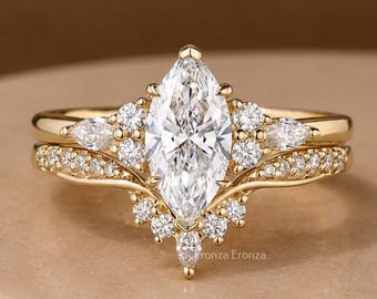 3 CT Marquise Lab grown diamond Engagement Ring Set Yellow Gold Cluster V prong Statement Bridal set Filigree Matching Promise ring set